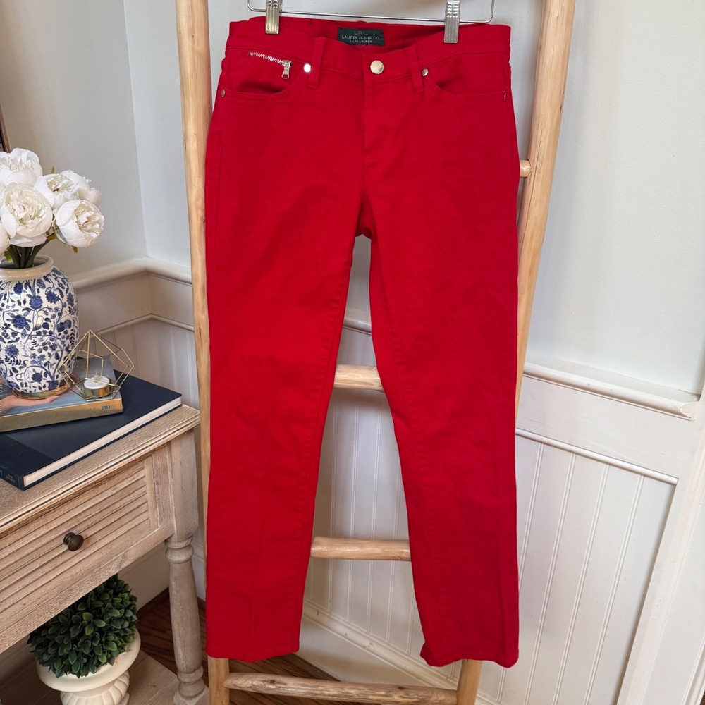 Lauren Ralph Lauren Red Slim Leg Pants Womens 4 Cotton‎ Stretch Zipper Detail